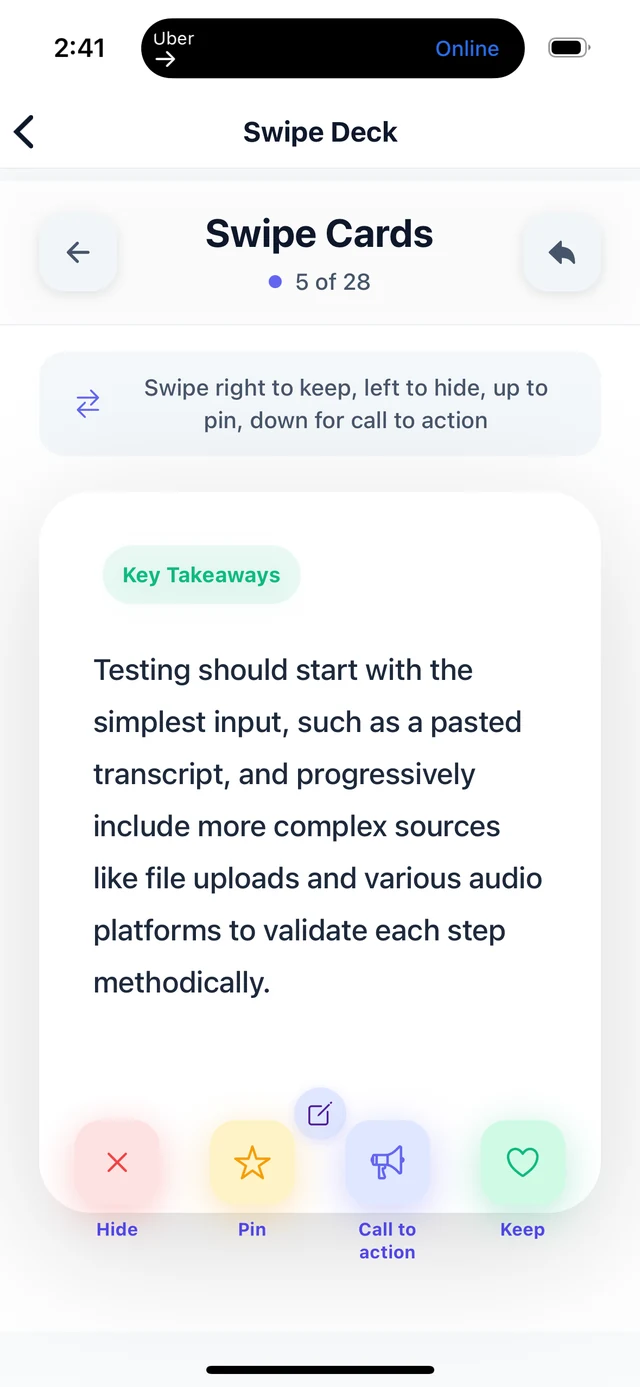 BriziNotes card review screen with key takeaways