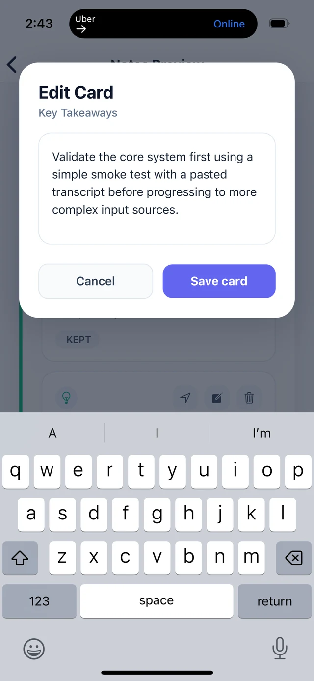 BriziNotes note card edit screen