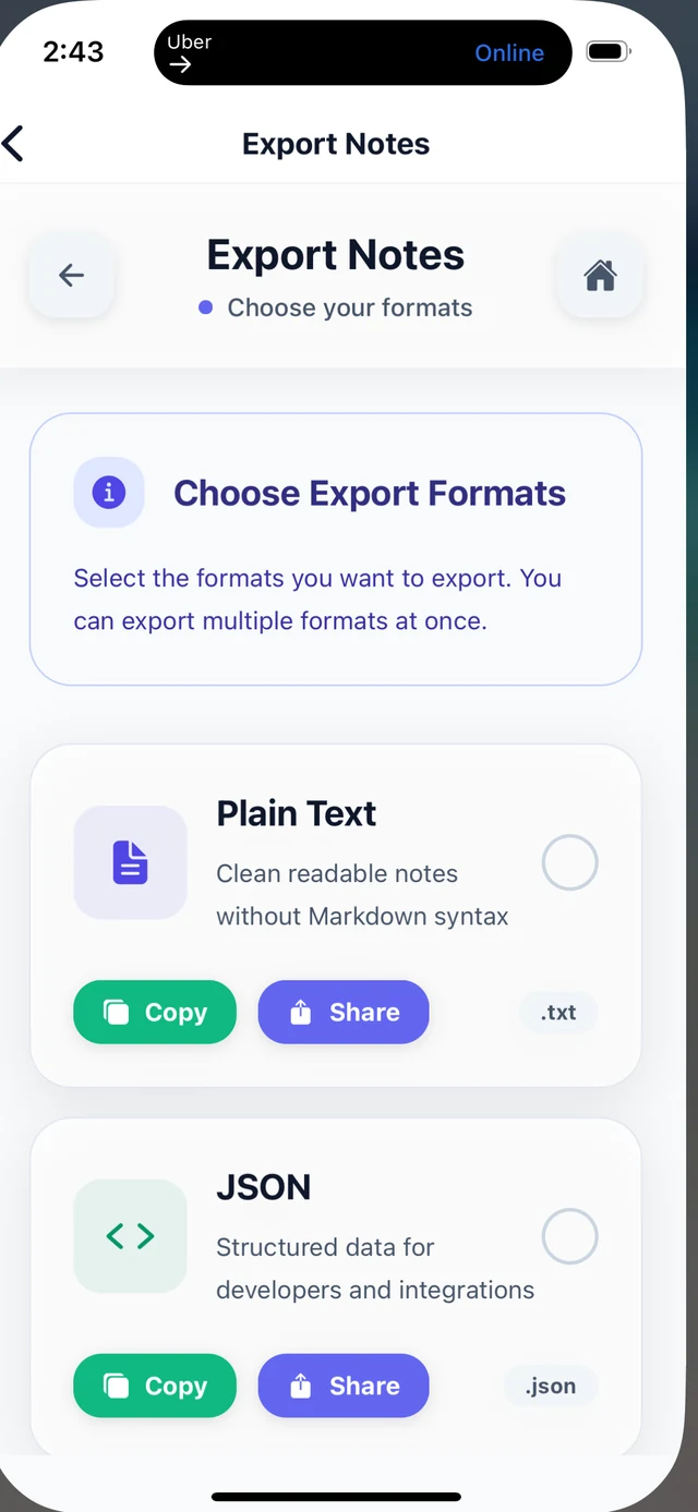 BriziNotes export notes format selection screen