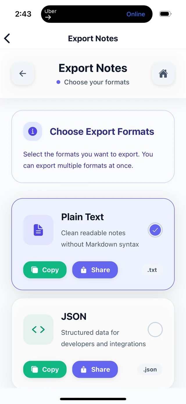 BriziNotes notes output export screen