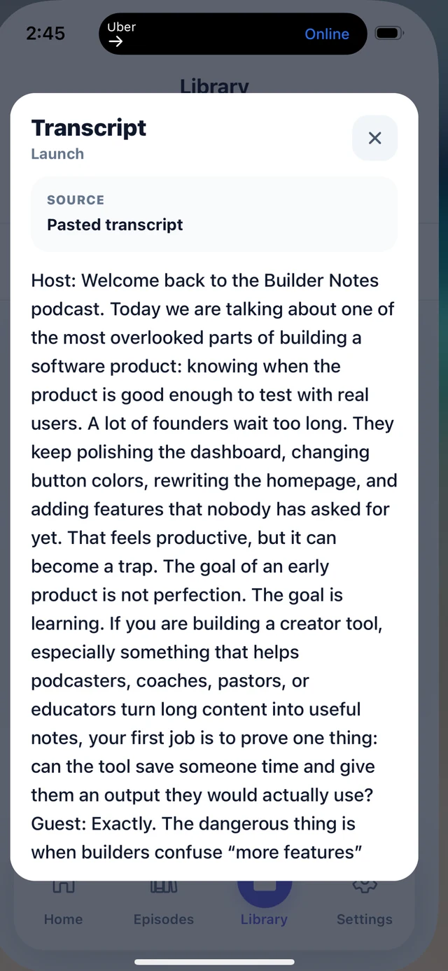 BriziNotes clean transcript screen