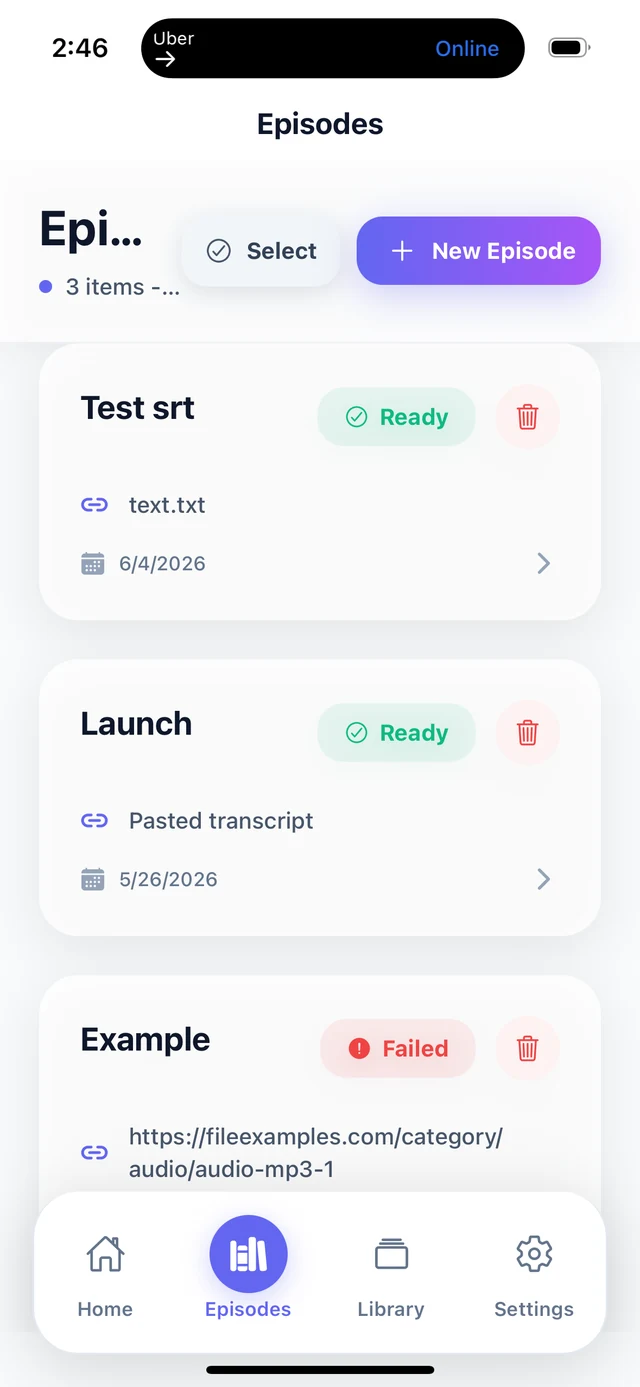 BriziNotes episode history screen